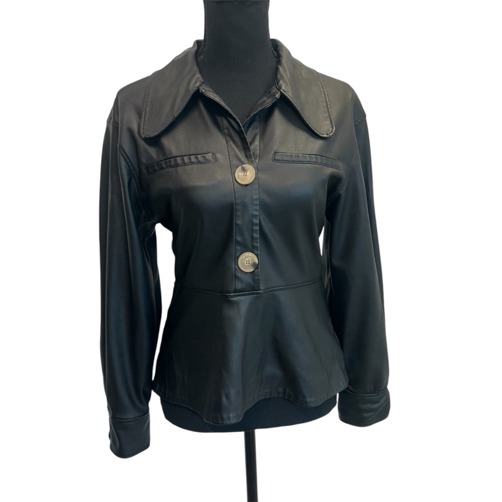 Zara black faux leather vegan pleather long sleeve peplum blouse Sz S